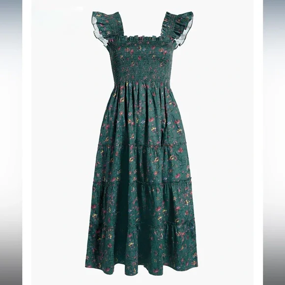 New! Hill House The Ellie Nap Dress Medium Bottle Green Fleur Chintz - Picture 4 of 9